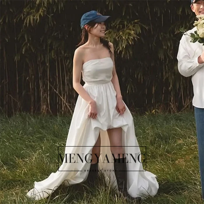 ZHUISHU 우아한 새틴 웨딩 사진 촬영 드레스 스트랩리스 한국 신부 드레스 앞이 짧고 뒤가 긴 코르셋 웨딩드레스 맞춤 제작