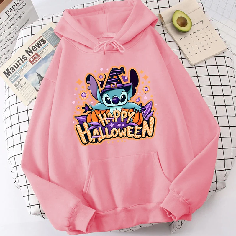 

Stitch Halloween Printed Women's Autumn and Winter Hoodies Plus Velvet Sweater Pink Loose Top