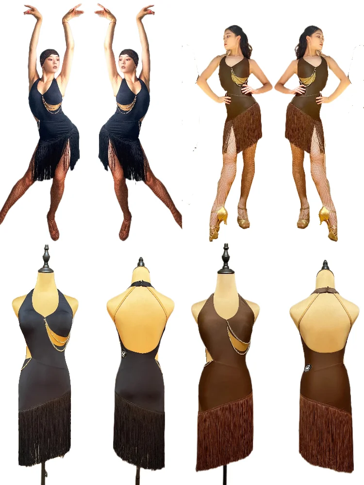 

MZDance Ladies Latin Dance Backless Fringe Dress with Metal Chain for Cha-Cha,Samba,Rumba&Salsa Practice Performance