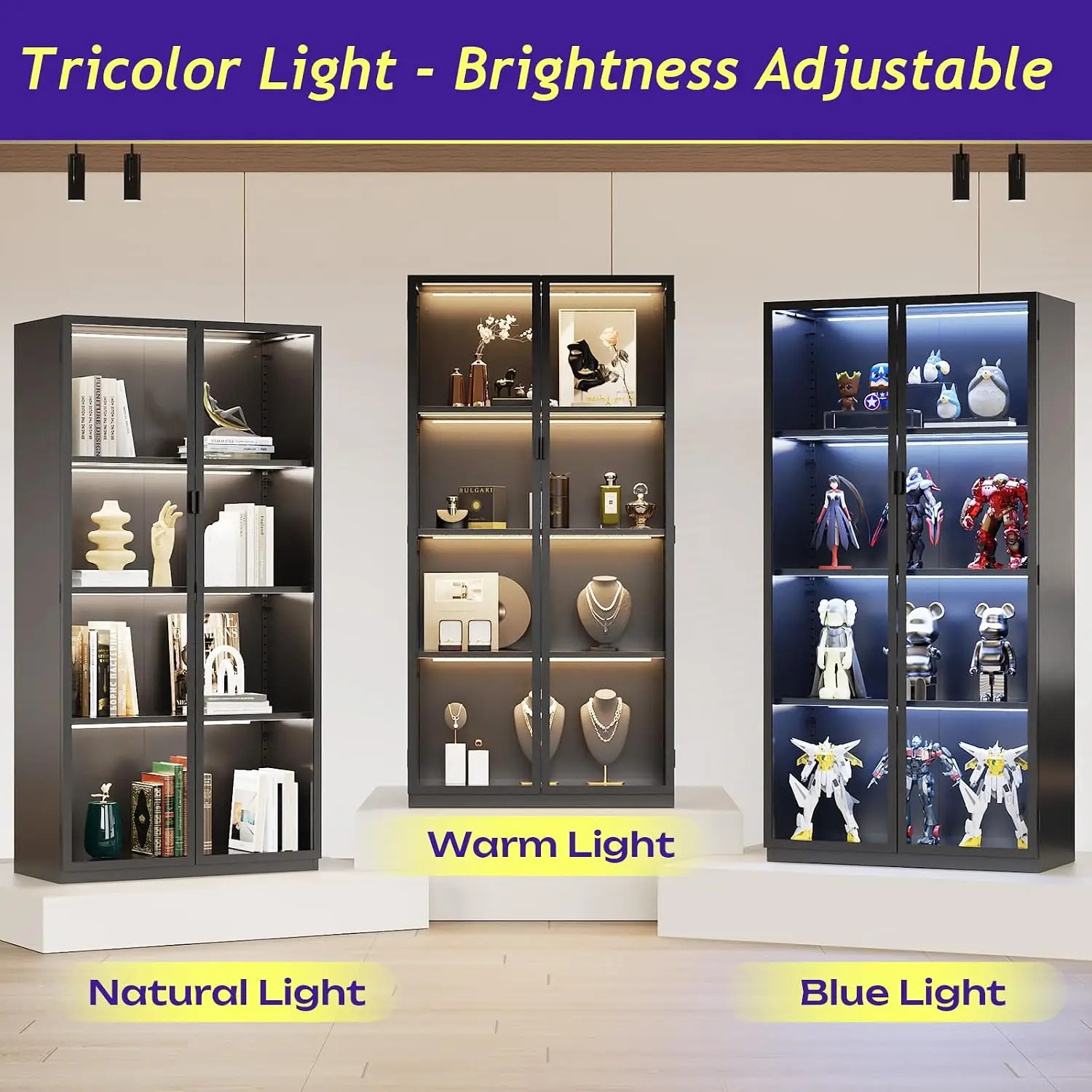 Display Cabinet with Glass Doors,4-Tier Curio Cabinet with Lights