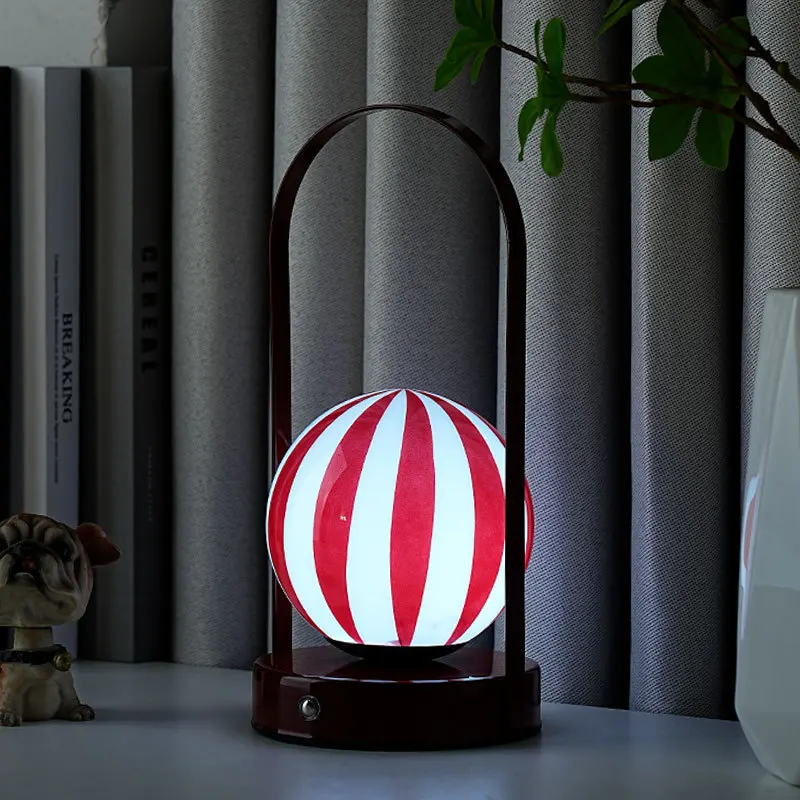 American Style Iron Art Portable Table Lamps Spherical Stripe Glass Lampshade Living Room Office Bedroom Restaurant Desk Lights