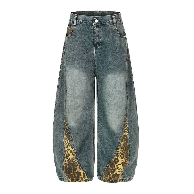 plus Size Wide Leg Men's Jeans Leopard Print Patchwork Knife  Bootcut Casual Loose Fit Denim Pants Autumn Winter Youth Style