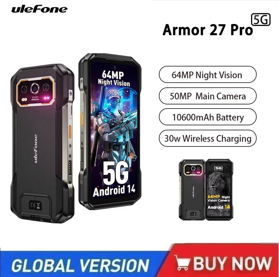 Ulefone Armor 27 Pro 5G هاتف ذكي متين أندرويد 14 10600mAh الهاتف المحمول 50MP كاميرا 64MP ليلة حتى 24GB + 256GB الهاتف NFC