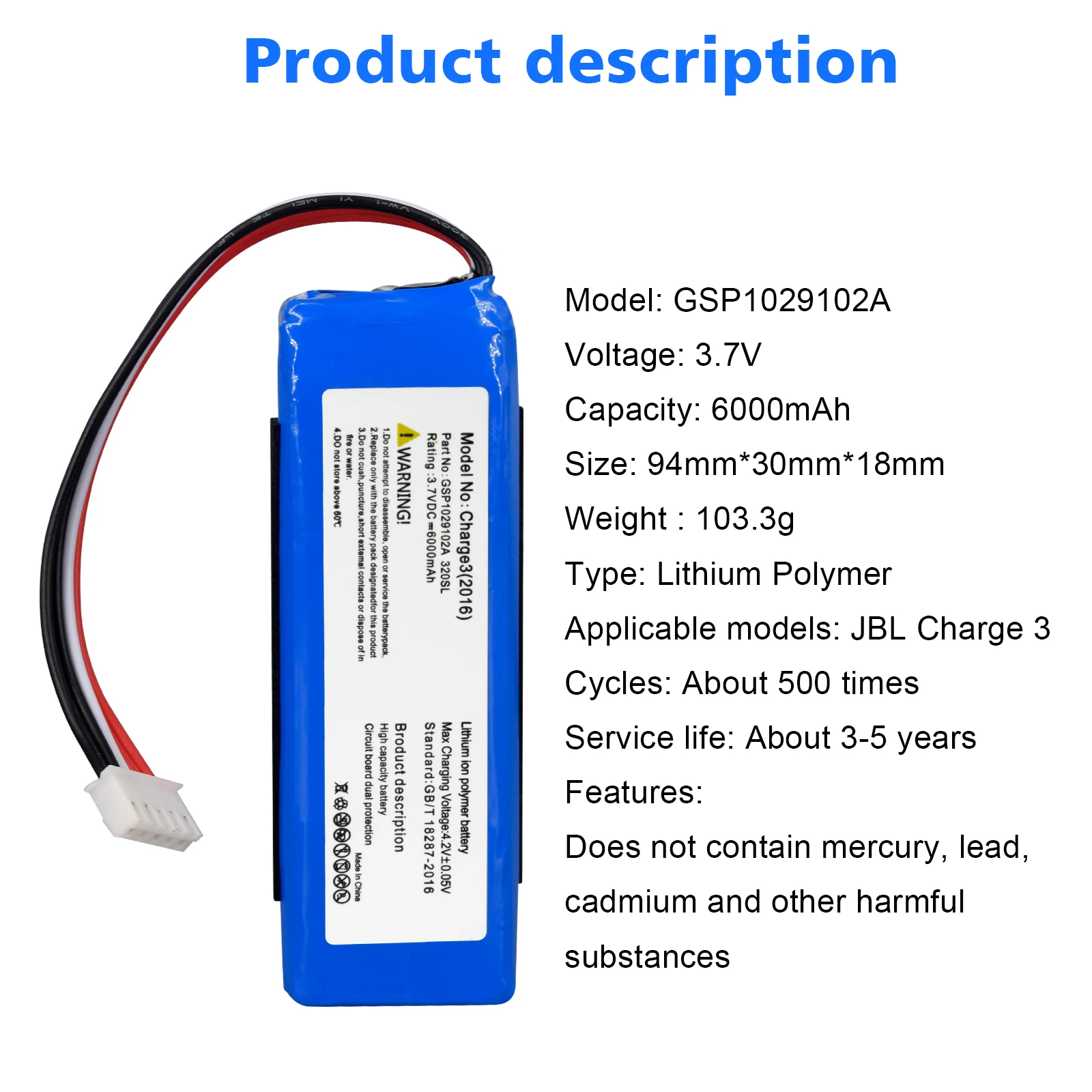 3.7V 6000MAh/22.2Wh Pin Cho Loa JBL Charge 3 Phiên Bản 2016 GSP1029102A Pin