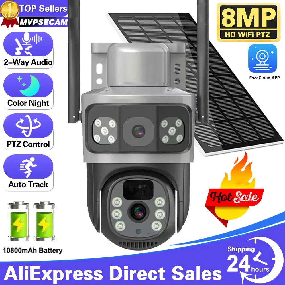 

4K 8MP WiFi Solar Battery Camera 128G Card Dual Lens Dual Screen Outdoor Security Protection PTZ Cam PIR Human Detection CCTV