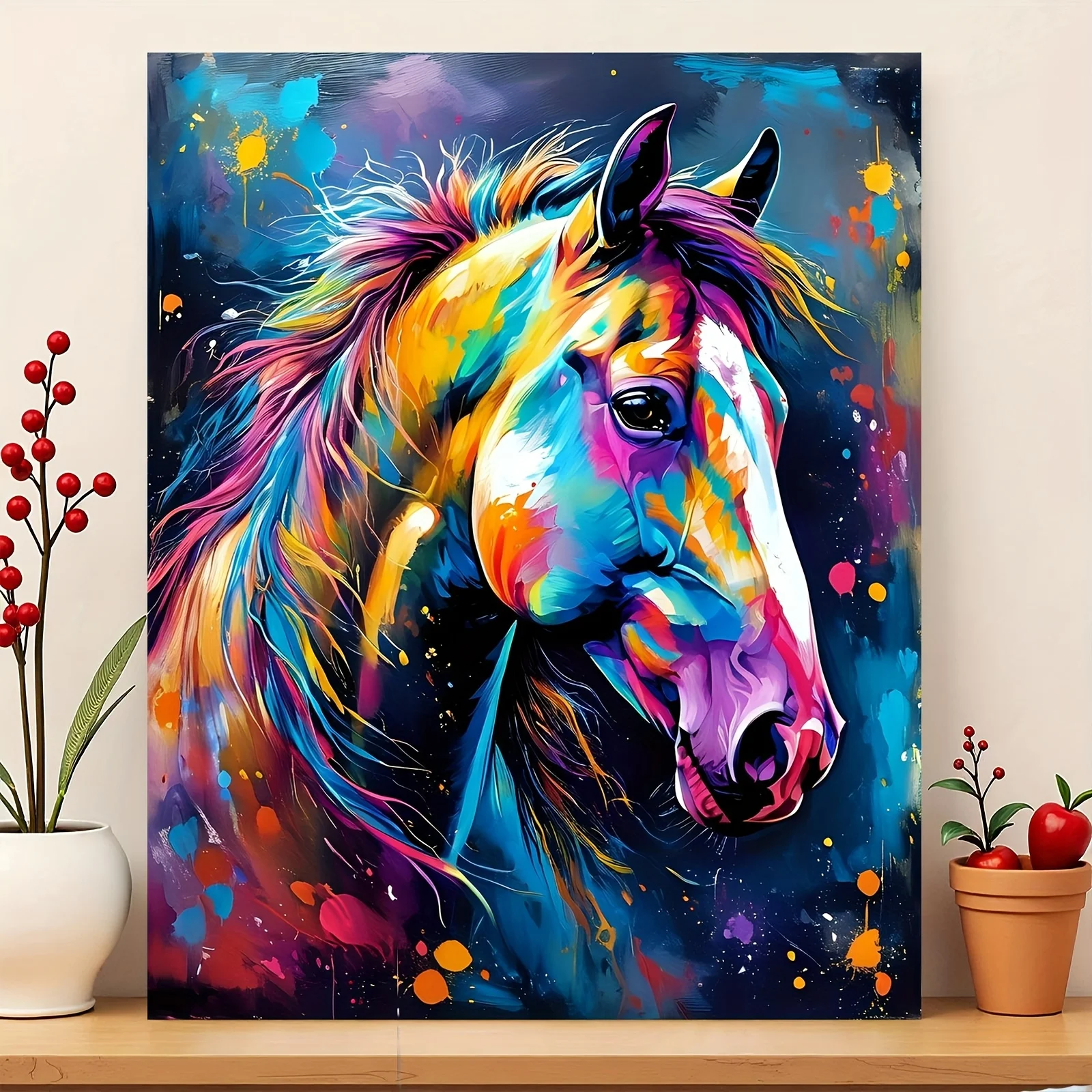 [2D Flat Frameless][Professional Art Use] 1pc Frameless Colorful Oil Painting Style Horse, DIY Paint by Numbers Kit, Frameles