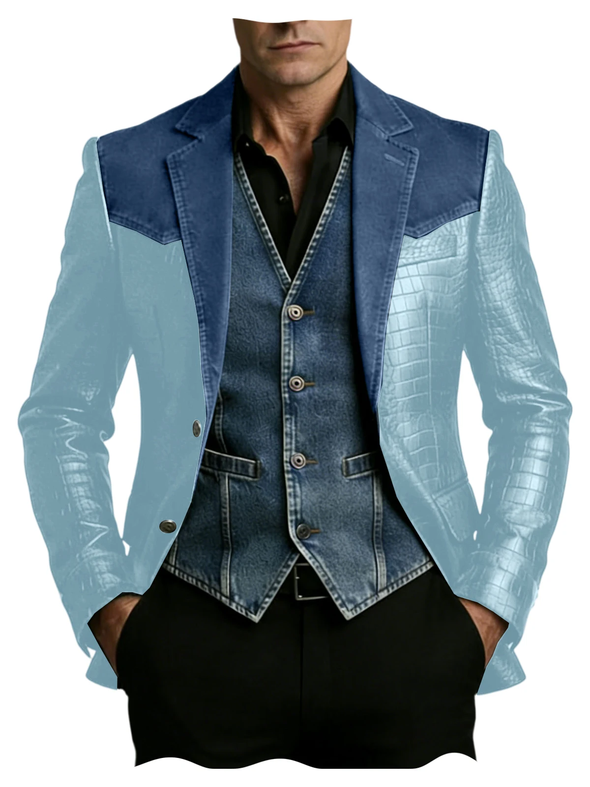 Men's Crocodile Embossed PU Leather Blazer Shoulder Denim Patchwork Notch Lapel Flap Pocket Jacket Business Casual Suit Coat image 6