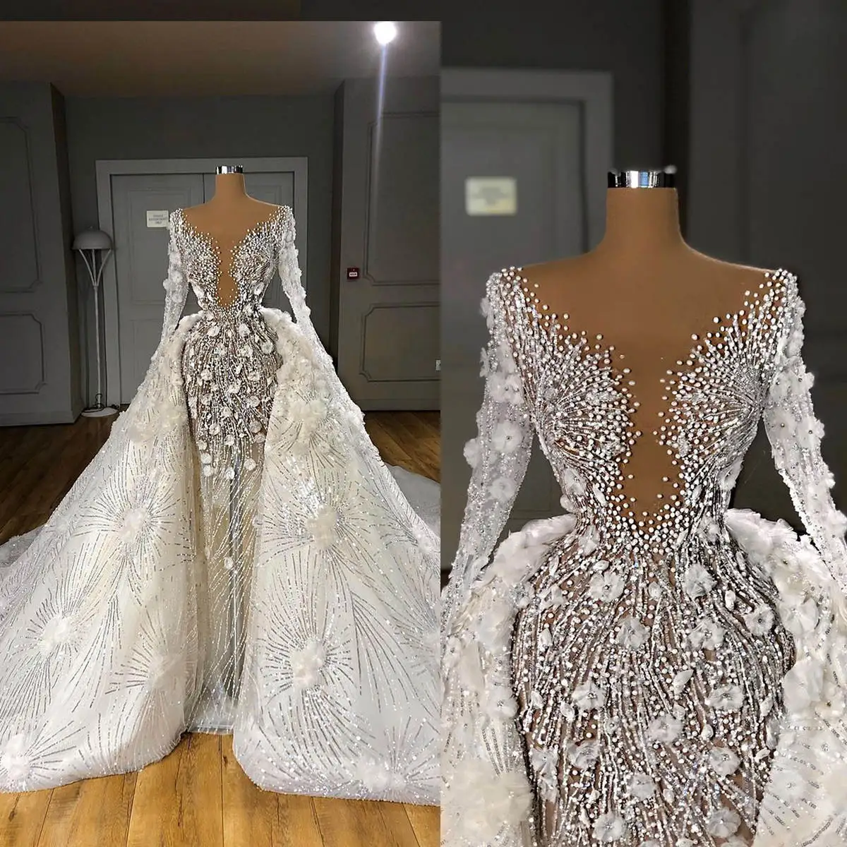 Luxury Wedding Dress Mermaid V-Neck Pearls Appliques Long Sleeve Detachable Train Bride Gown Vestido De Noiva Custom Made