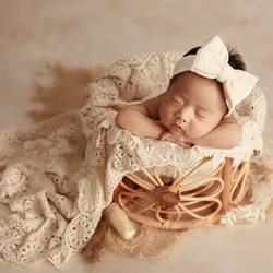 0-1 Month Baby Photography Props Baby Girl Bow Headband + Head Flower Infant Shoot Lace Background Mat Newborn Photo Accessories