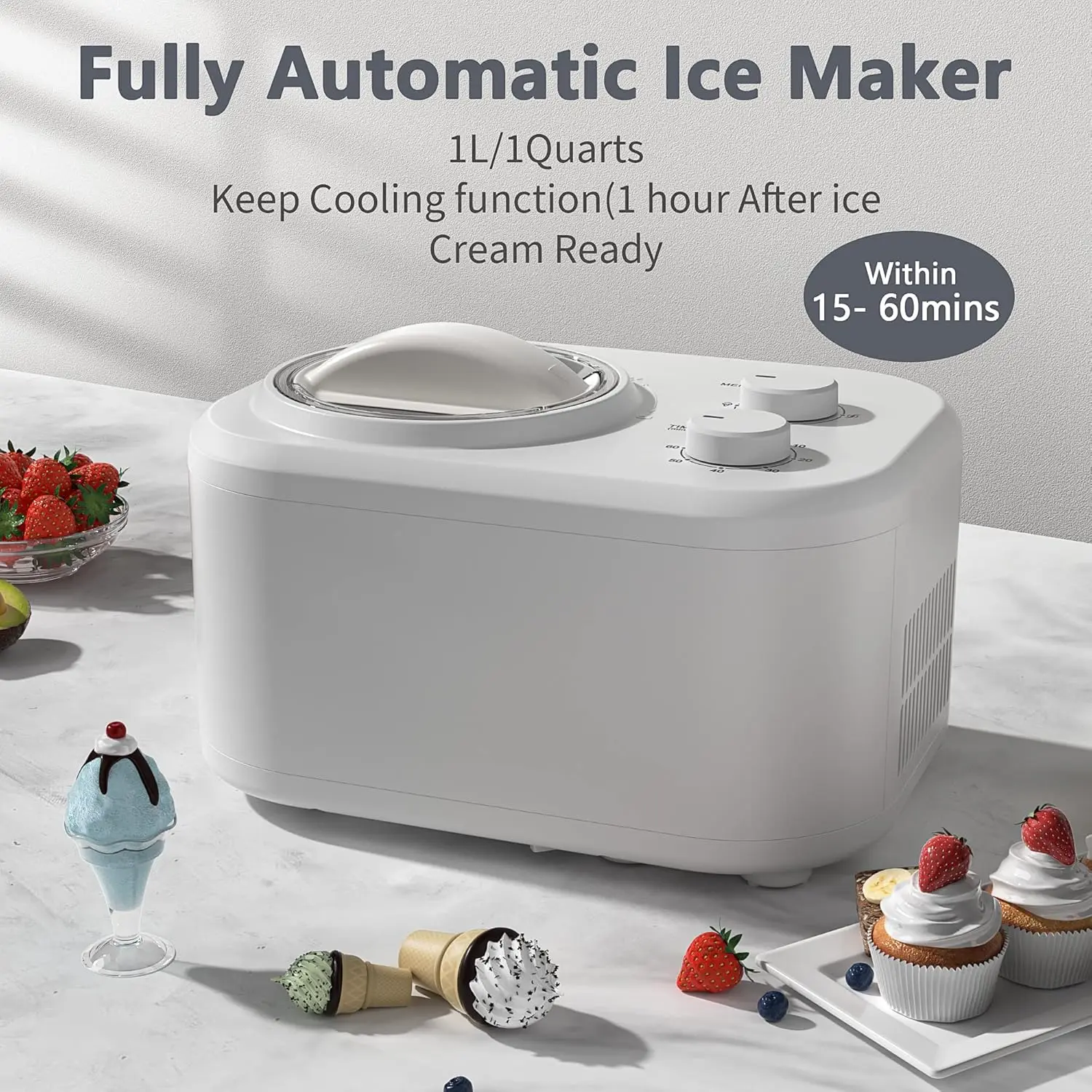 1.1 Quart Ice Cream Maker Machine with Built-in Compressor, Fully Automatic, No Pre-freezing, 2 Buttons Control, 1 Hour Keep-coo