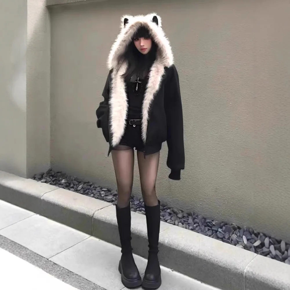 겨울 신상 우아한 라이너 퍼 루즈 코트 여성 Y2K 퍼 칼라 후드 두꺼운 패션 파카 캐주얼 아우터웨어 면 패딩 재킷