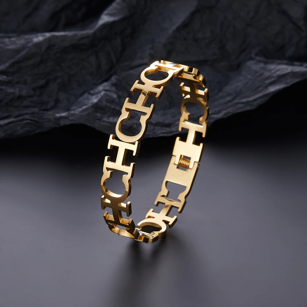 Classic letter hollow spring silver bracelet for women, high quality gold plated inlaid jewelry