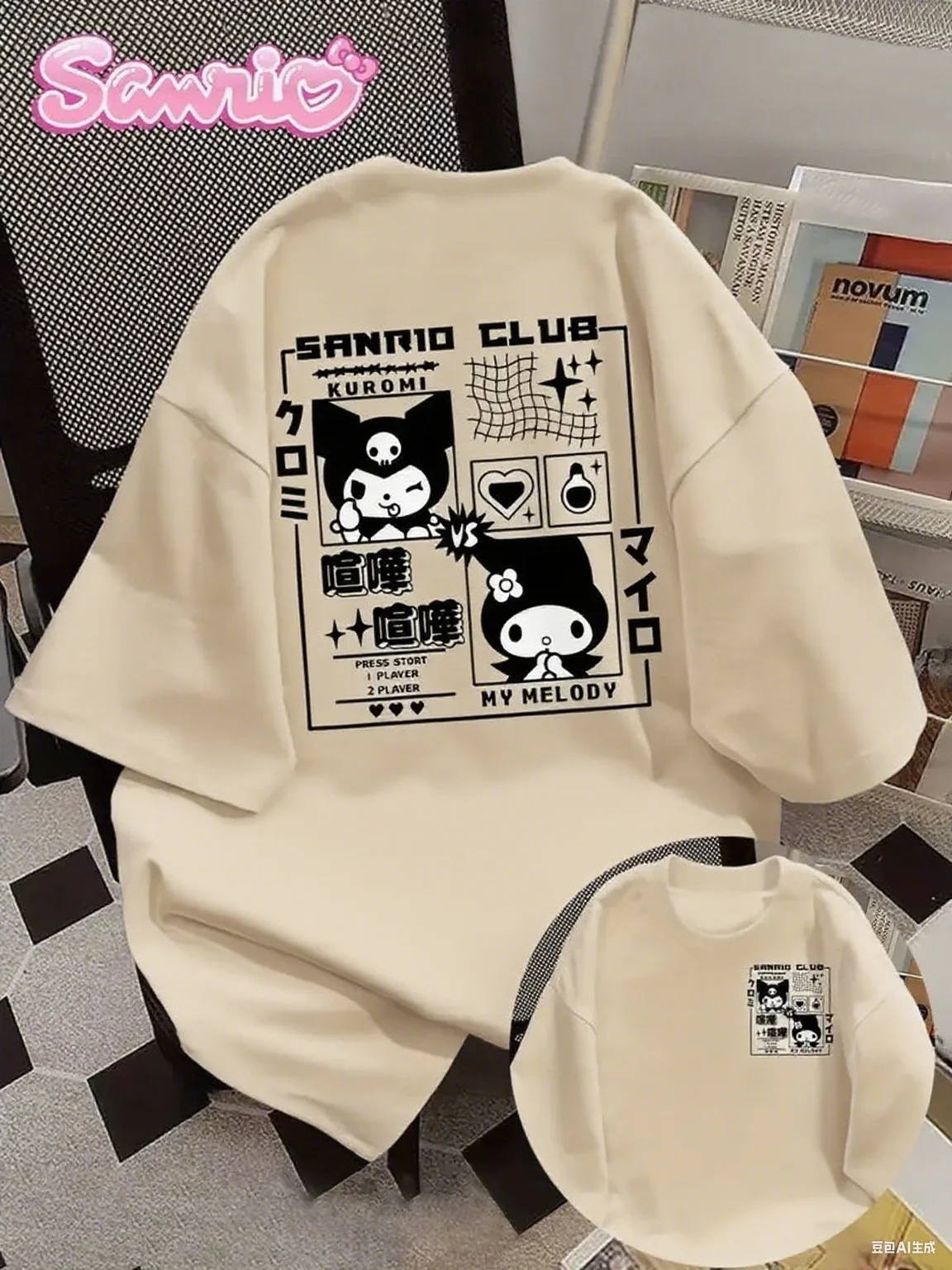 تي شيرت Sanrio Club القطني مطبوع عليه رسومات Kuromi and My Melody مع نص ياباني عصري على طراز الألعاب من القطن الخالص للمحبي