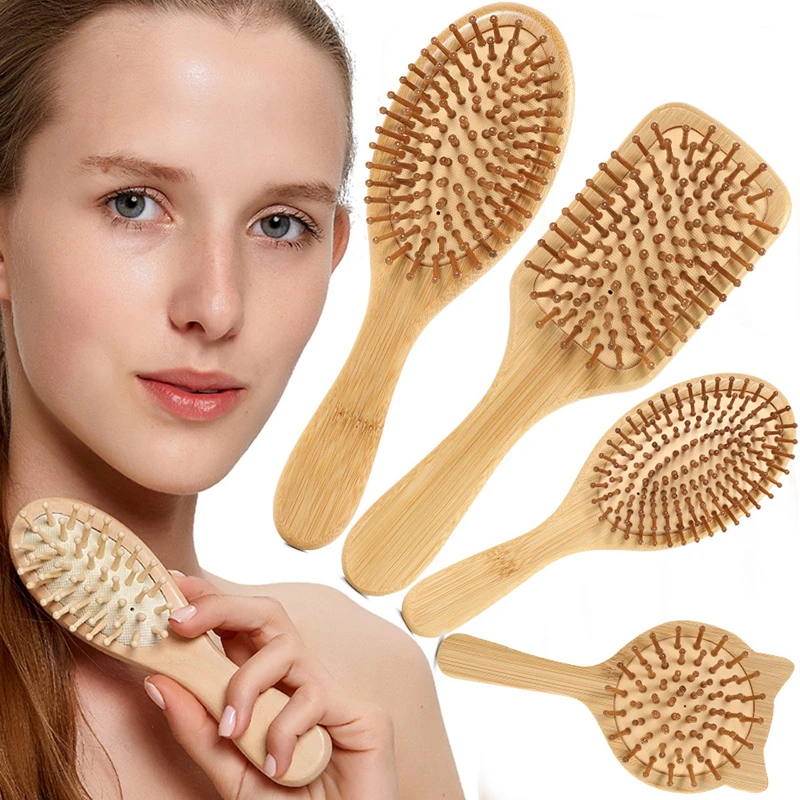 Escova de cabelo de madeira de bambu, Massagem Pente, Massageador do couro cabeludo para o crescimento do cabelo, Anti-estático, alisamento, barba macia, bebê