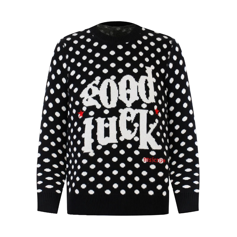 

Spot Jacquard Good Luck Letters Logo Round Neck Knitt Sweater Women Black White Sweatshirts Silm Fit Girls Pullovers