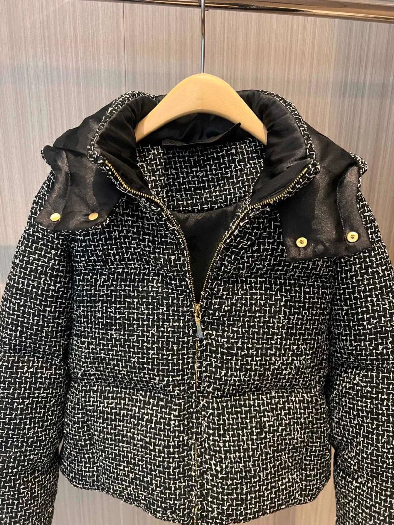 2024 Winter New Coat for Women,snowflake Woven Down Jacket with Hood Short Wool Tweed Warm Top Fashionable Thick Jacket for Work