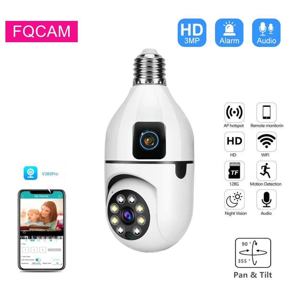 V380 HD 1MP WiFi Light Bulb Camera with Dual-Lens Pan Tilt Night Vision Two-Way Talk Indoor Wireless Motion Detection System