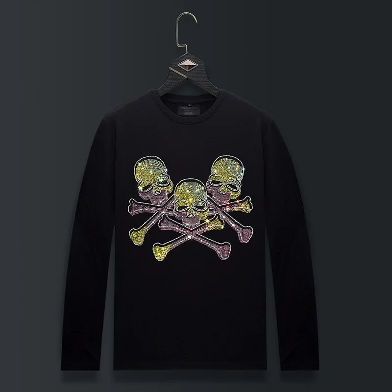 

Plus Size Rhinestones Skulls T Shirts Men Top Fashion Streetwear O Neck Long Sleeve Slim Modal Cotton Tshirts Mens Clothing