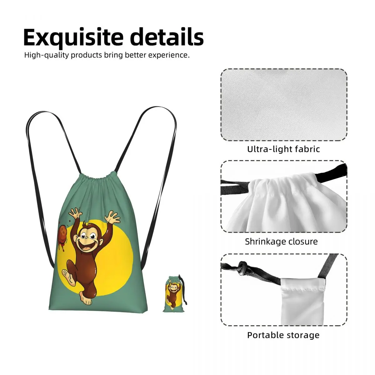 Curious George Monkey Happynes Drawstring Backpack hiking cycling Bag Portable Travel Drawstring Bag for Men Women