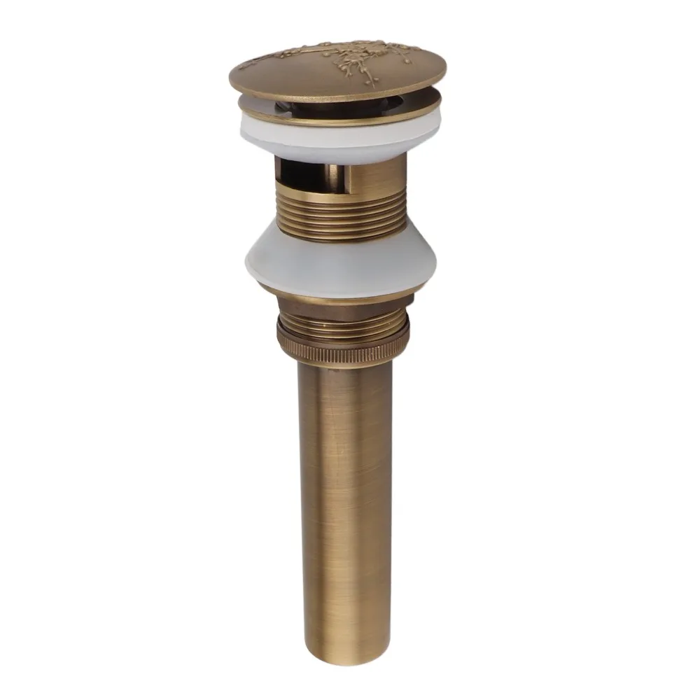 Push Bounce Sink Drain Antique Brass Brass Material Drain Stopper Engraved Floral Design Removable Strainer