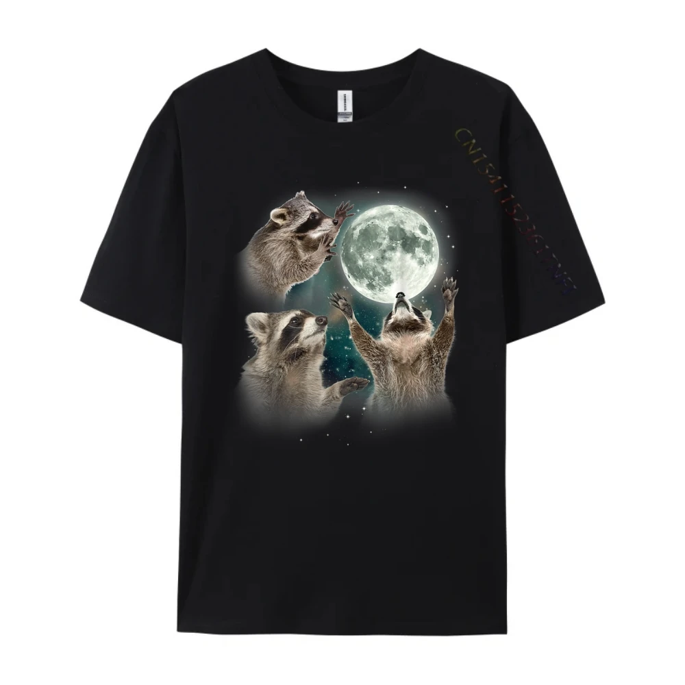 Three Racoons Howling The Moon Raccoon Funny Green And White Graphic T Shirt Natural Camisas De Hombre Vintage