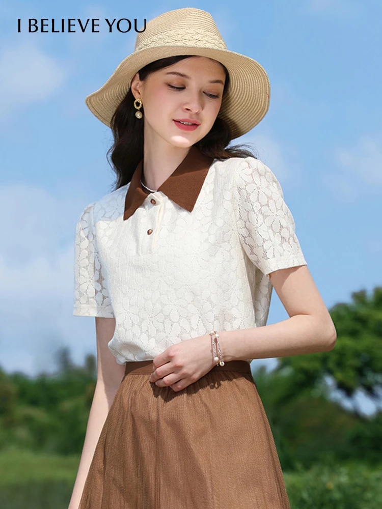 

I BELIEVE YOU French Lace Shirt For Women Polo Neck Short-sleeve Hollow Gentle 2024 Summer New Slim Female Clothes 2242085705