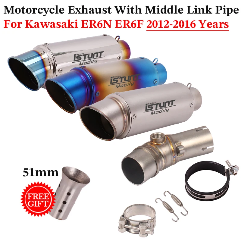 Motorcycle Exhaust GP Escape Motorbike 51mm Mid Link Pipe With Muffler Moto Slip On For Kawasaki ER6N ER6F ER 6N 6F 2012 - 2016