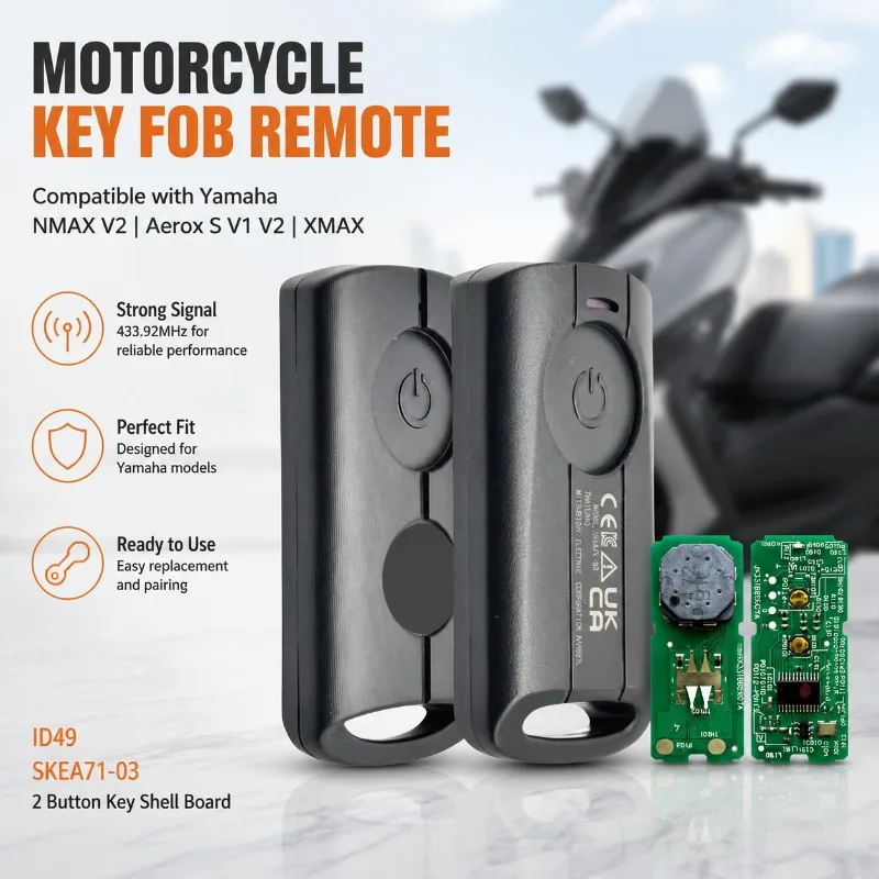 2 Button Motorcycle Remote Key Fob 433.92MHz ID49 SKEA71-03 Key Shell with Board Compatible with Yamaha NMAX V2 Aerox S V1 V2