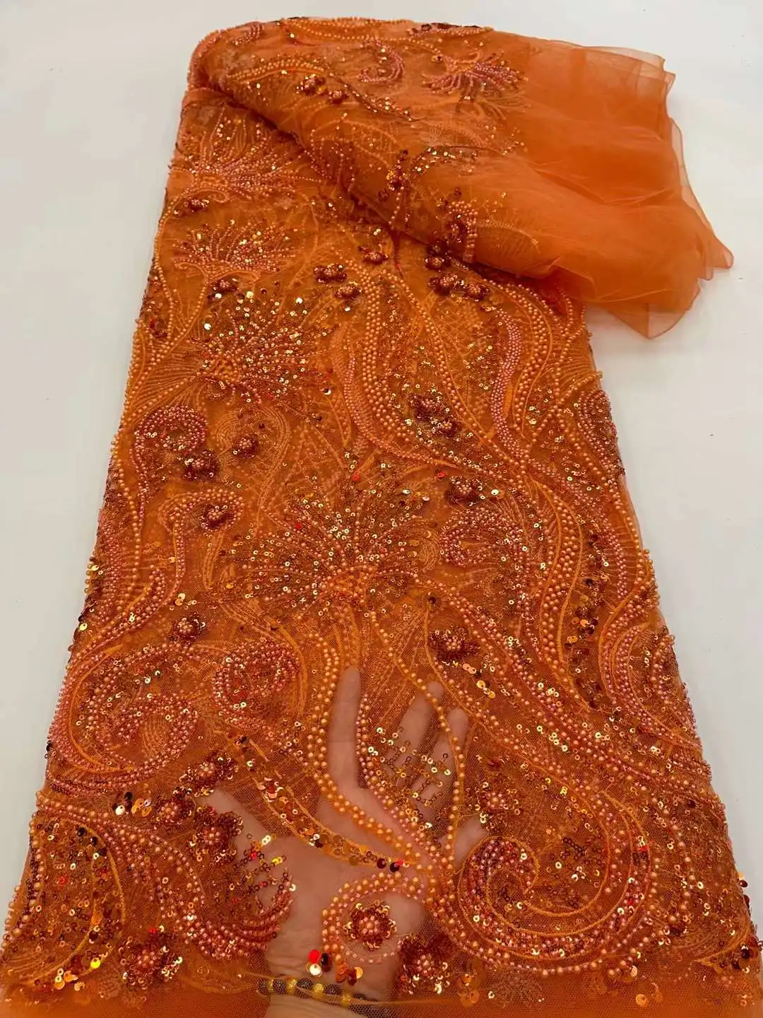 

31 Orange Color Good Looking New French Nigerian Sequins Beaded Lace Fabric African Embroidered Lady Show or Party Dress