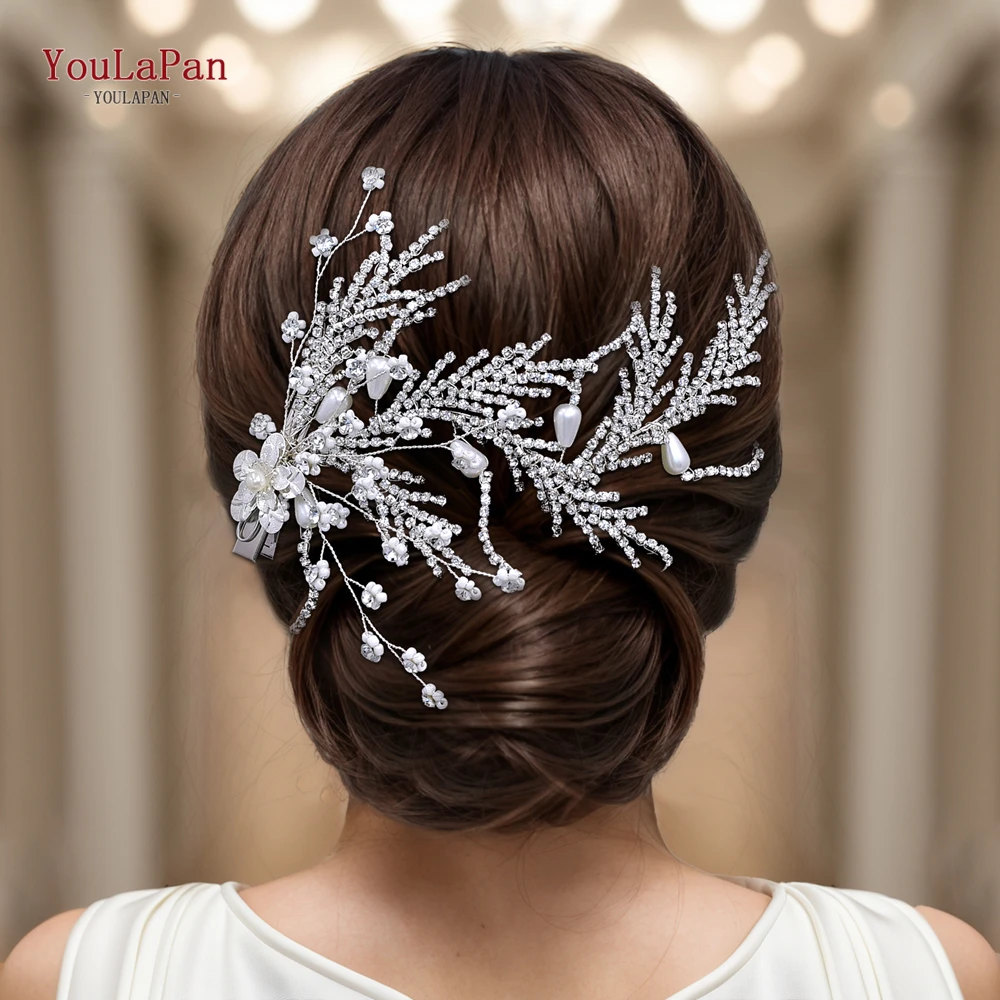 YouLaPan-Diadema de flores con cuentas hechas a mano, diadema con diamantes de imitación, rama de pico de pato, accesorios para el cabello de boda, Tiara de fiesta, HP728