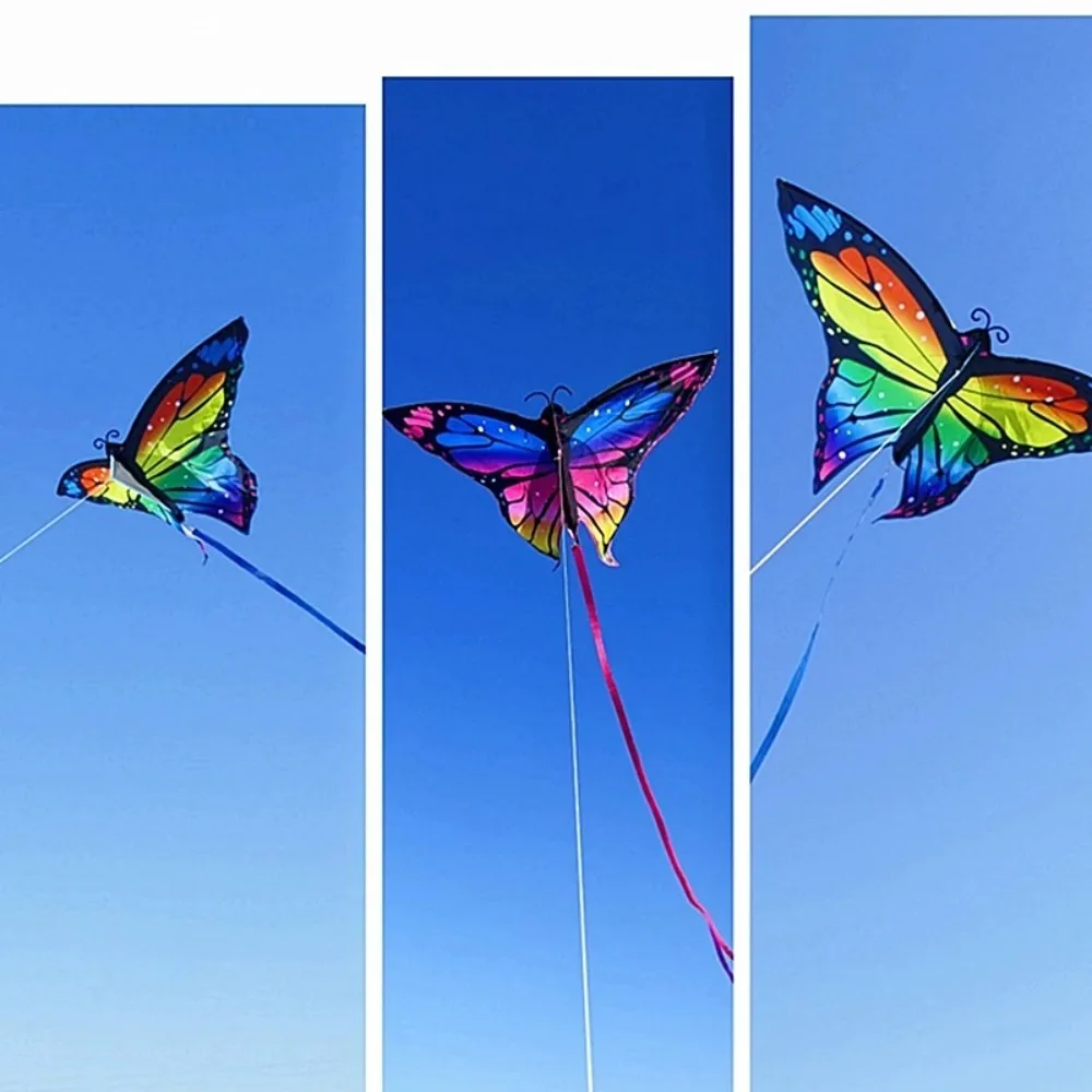 Cometa de mariposa colorida fácil de volar, cometa voladora para niños, cuerda de cometa de 100 metros, cola larga, juguete volador al aire libre