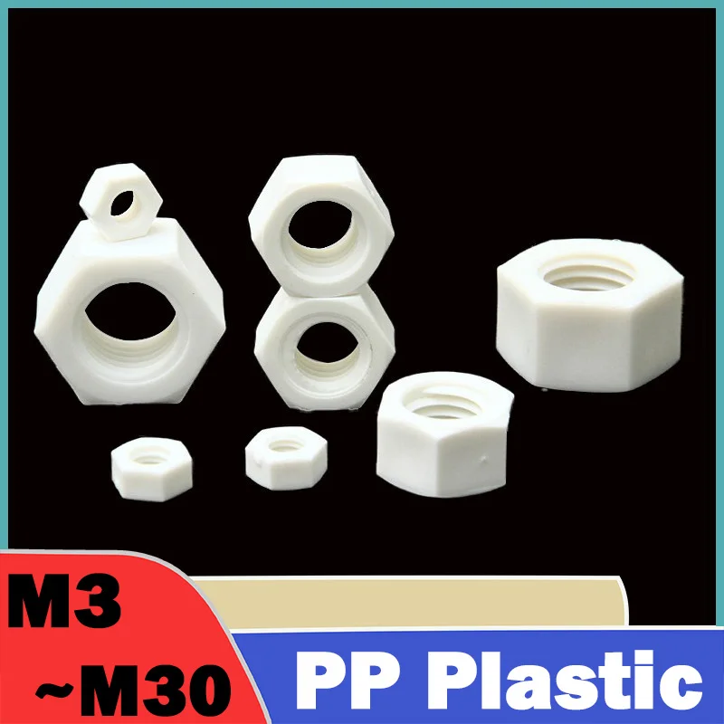 PP Plastic Hexagon Nut Hex Insulation Nuts M3 M4 M5 M6 M8~M30 Acid- and Alkali-Resistant, Corrosion-Resistant Plastic Screw Caps