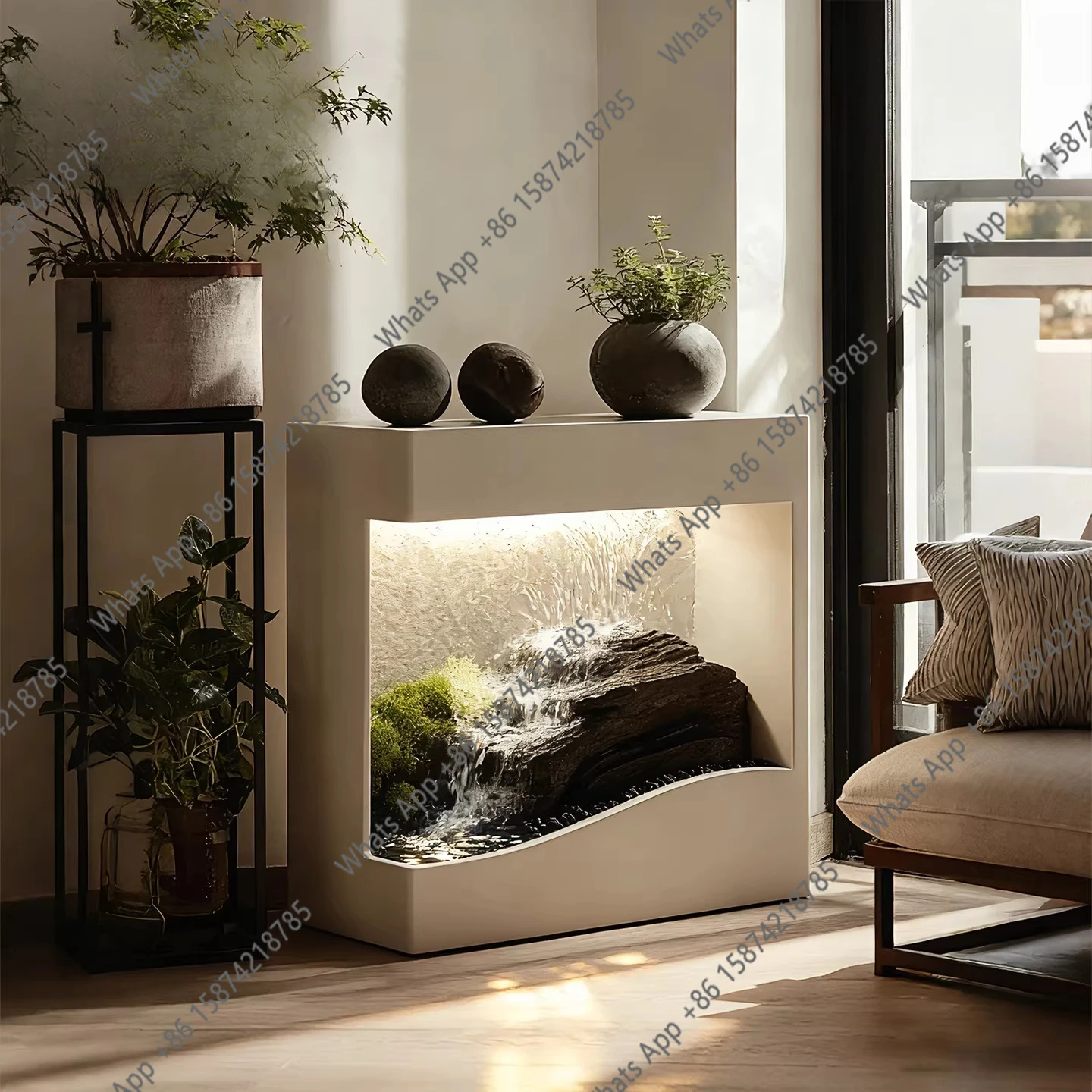 entrance to the end of the viewing platform, indoor flowing water, waterfall,  decorations, water feature entrance cabinet