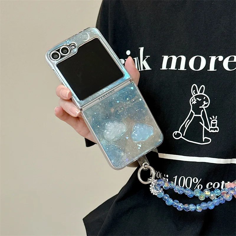

Korean Glitter Star Moon 3D Cloud Phone Case For Samsung Galaxy Z Flip 7 6 5 4 3 Flip6 Flip7 Flip5 Cover with Chain Cute Cases