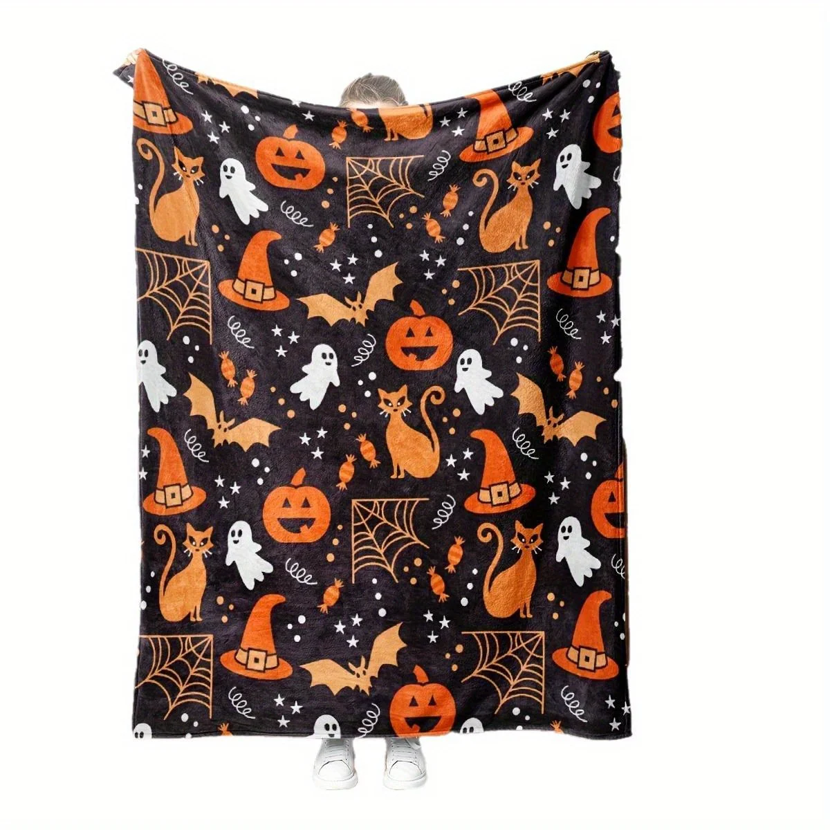 Cozy Halloween Flannel Throw Blanket - Pumpkin, Bat, and Spider Web Design with Black Background, Soft and Warm