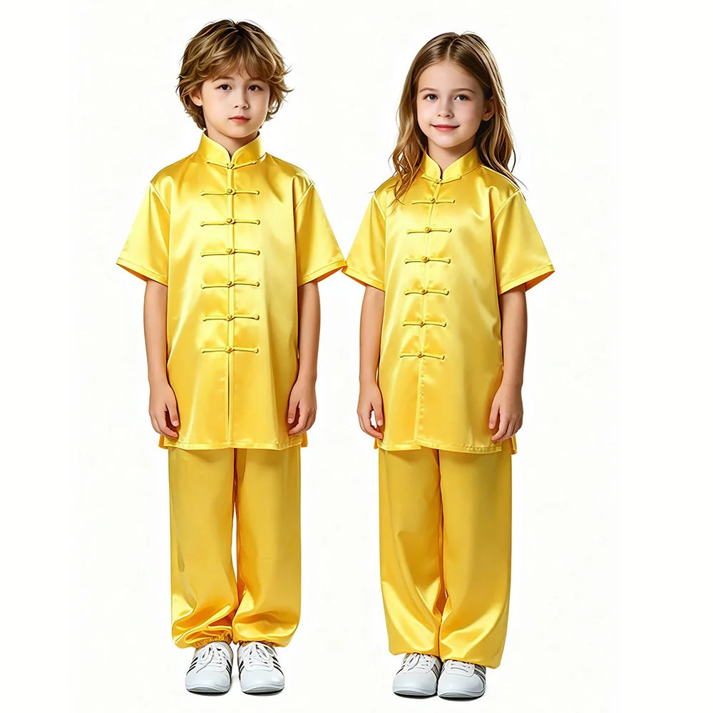 USHINE Kids Silk Satin Kung Fu Uniform Short Sleeve Tai Chi Martial Arts Suit for Performance Contest Training