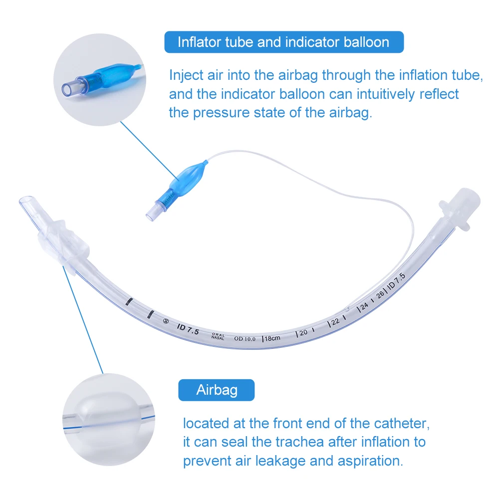 ท่อช่วยหายใจชนิดใช้แล้วทิ้ง ทำจากพีวีซี ปลอดเชื้อ ได้รับการรับรองมาตรฐาน CE สำหรับการใส่ท่อช่วยหายใจทางการแพทย์ มีเส้นมองเห็นได้ด้วยรังสีเอกซเรย์ สำหรับการจัดการทางเดินหายใจฉุกเฉิน