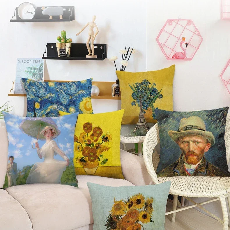 Van Gogh Painting Pillow Case Home Decor Linen Cushion Cover for Sofa Aesthetic Pillow Cover Star Night Sunflower Self-portrait