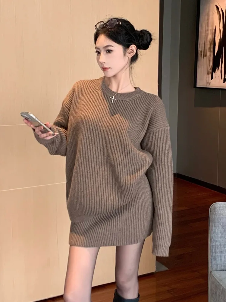 2025 New Fashionable Knitted 2 Piece Sets Women Outfit Loose Long Sleeve Sweater Pullover + High Waist Short Skirt Two Piece Set