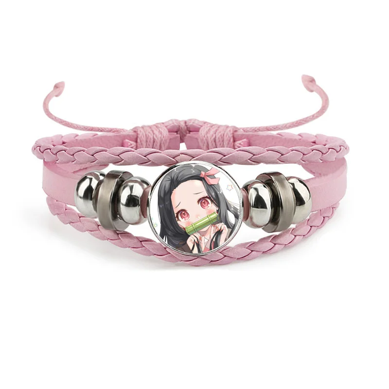 Demon Slayer Figure Bracelet for Girl Fans Kimetsu No Yaiba Blade of Ghost Anime Poster Handmade Pink Leather Bangles Gift