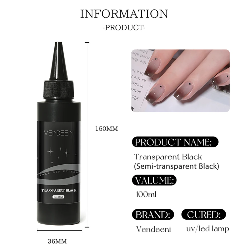 Vendeeni 100 مللي طلاء أظافر جل أسود شفاف شبه دائم UV LED نقع قبالة هلام الورنيش شفافة هلام هلام جودة الصالون