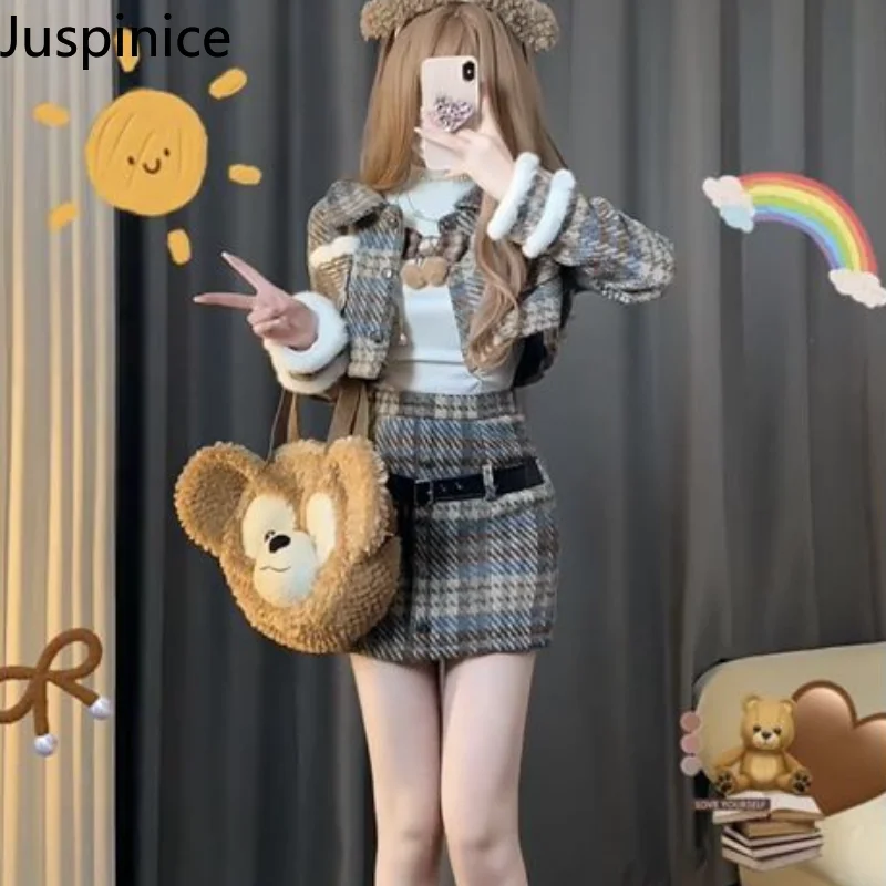 

Winter Retro Plaid Stitching Jacket High Waist Skirt Suit Women's Slim High Street Personalized Jacket Skirts Female Clothes