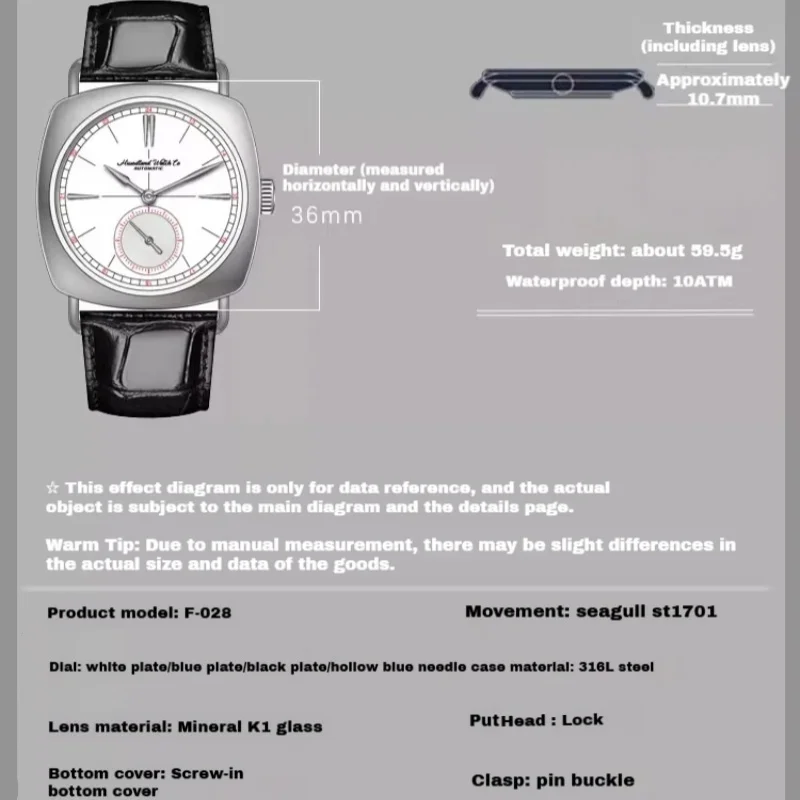 Hruodland 2025 Men's Mechanical Watch Seagull St1701 36mm Square Mineral Glass Stainless Steel Waterproof 10Bar Reloj Hombre