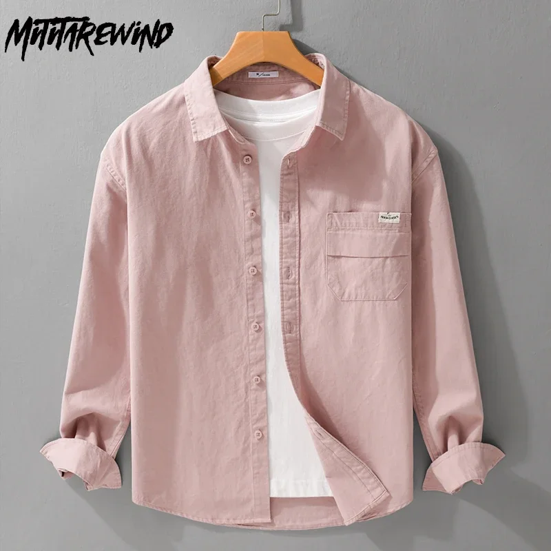 Korean Style Cargo Shirt Men Long Sleeve Spring Summer Pink Shirts Man Lapel Comfort 100%Cotton Button Up Shirt Daily Casual Top