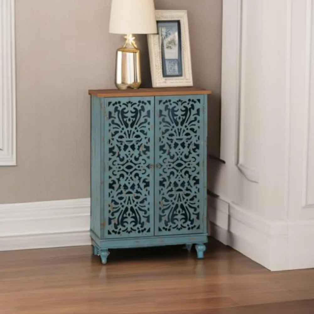 Niebieska wysoka szafka z 2 drzwiami do salonu i jadalni, dekoracyjne meble akcentujące.