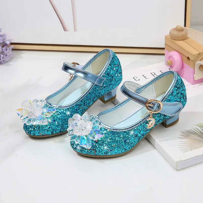 Girls Princess Leather Shoes Crystal Kids Sequins High Heel Shoes Fashion Luxury Rhinestone Children\'s Glitter Dance Dress Shoes