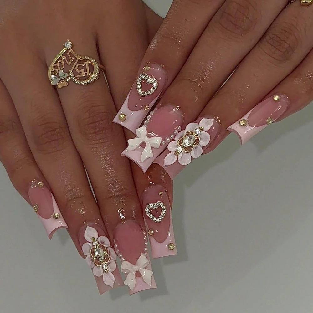 10개입 프레스온 네일 수제 스퀘어 & 아몬드 모양 인조 손톱 프렌치 페인팅 3D 플로럴 디자인 재사용 가능한 아크릴 네일 세트