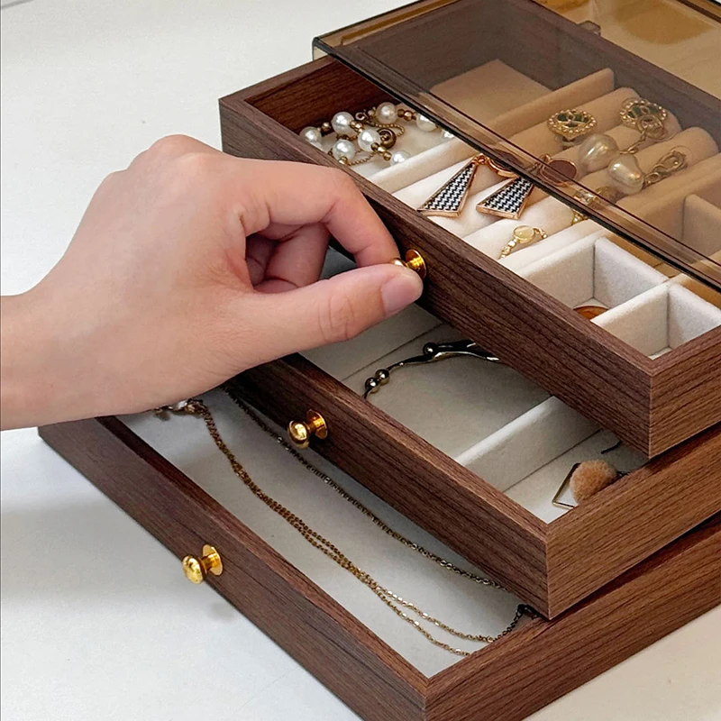 

Винтажный шкатулка-органайзер для украшений из орехового дерева большой вместимости, подходит для хранения серег, колье, колец, предотвращает окисление