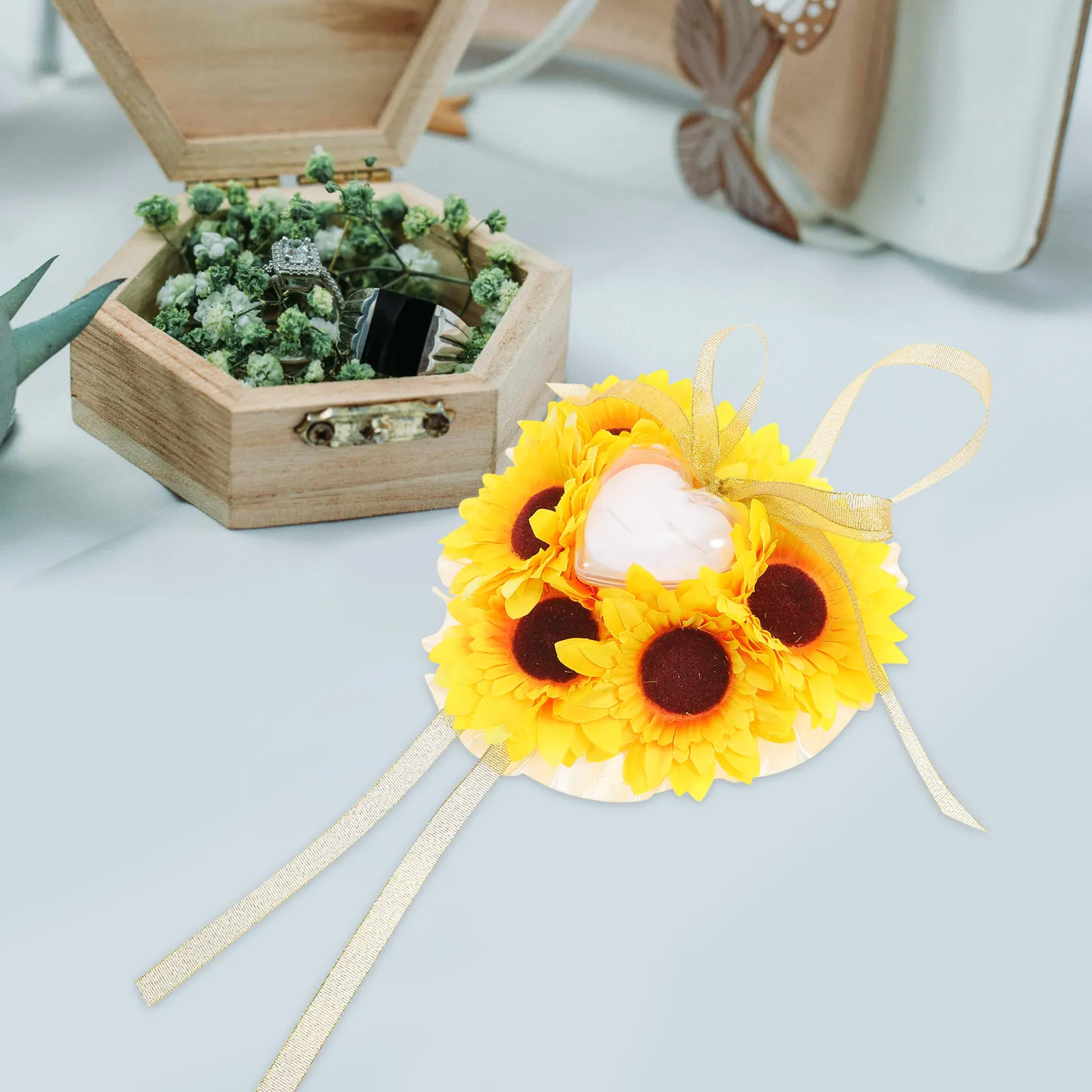 

Wedding Ring Pillow Yellow Sunflower Pattern Compact and Portable Elegant Ring Bearer Cushion for Bridal Shower Engagement
