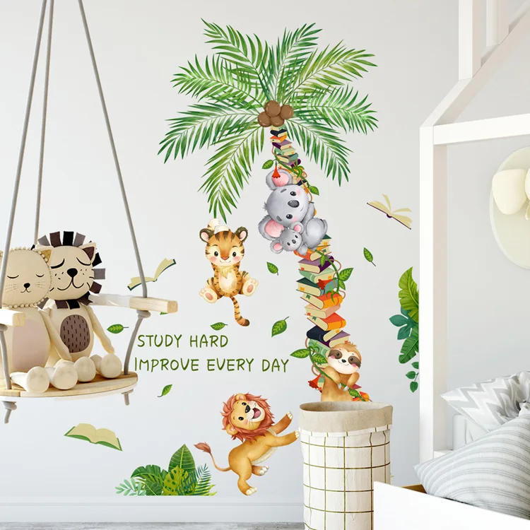 Cartoon-Tiere, Kokospalmen-Wandaufkleber, Kinderzimmer-Hintergrunddekoration, Wandbild, selbstklebende Aufkleber für das Babyzimmer, Heimdekoration. – Detail 3